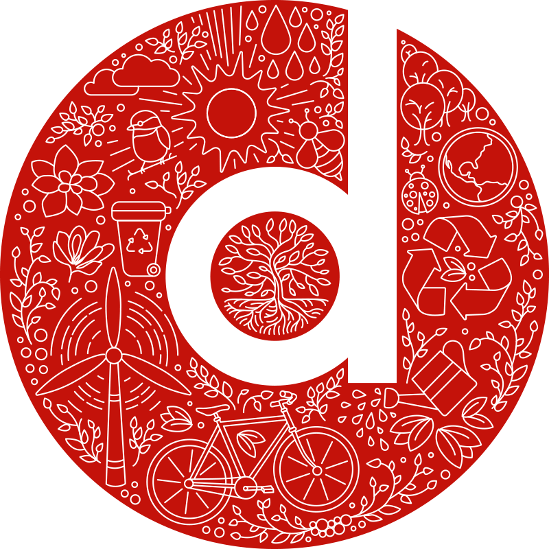 A graphic of a red circle with a white lowercase d inside.